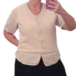VTG 90s Ivory Short Sleeve Button Down Top With Front Crochet Vest Large